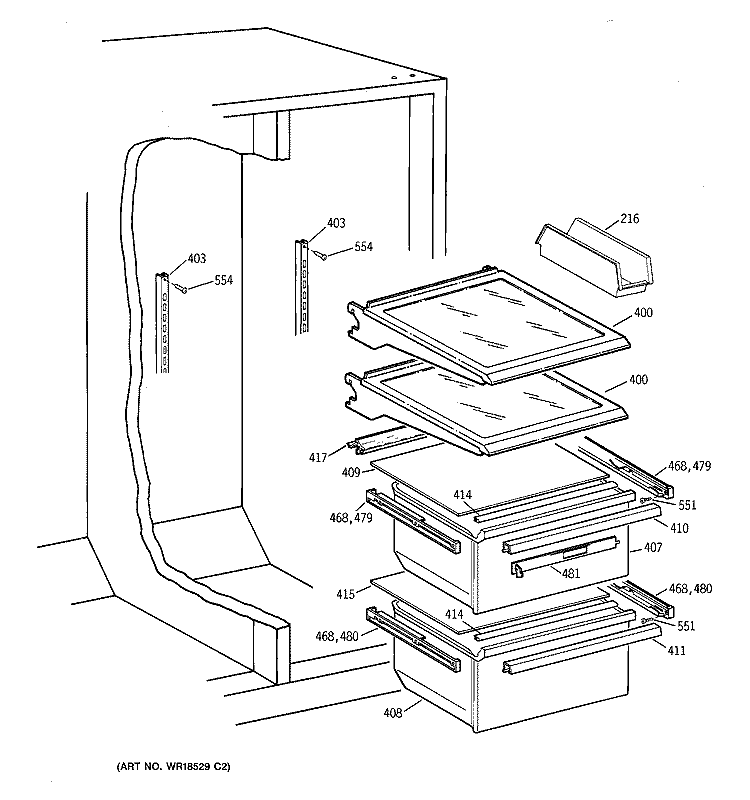 FRESH FOOD SECTION Diagram and Parts List for TFX22QRBBAA  General Electric Refrigerator