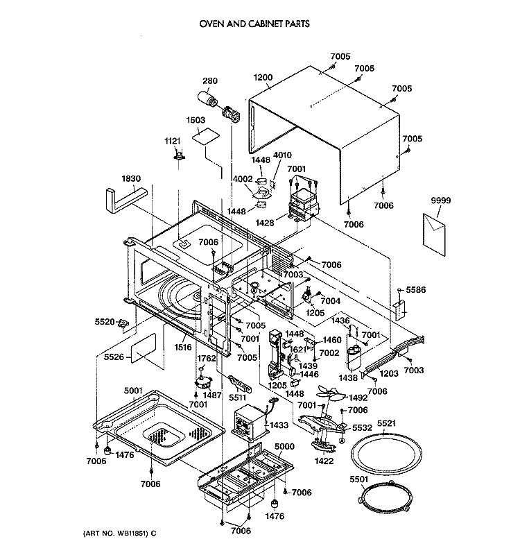 OVEN & CABINET PARTS Diagram and Parts List for JES933WW02  General Electric Microwave