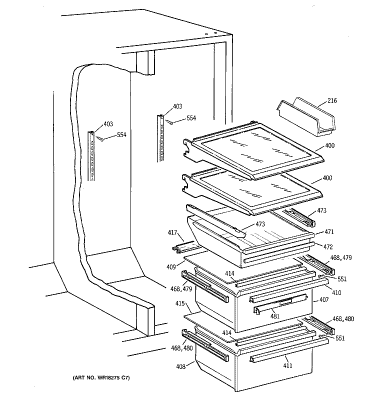 FRESH FOOD SECTION Diagram and Parts List for TFX25CRBBBB  General Electric Refrigerator