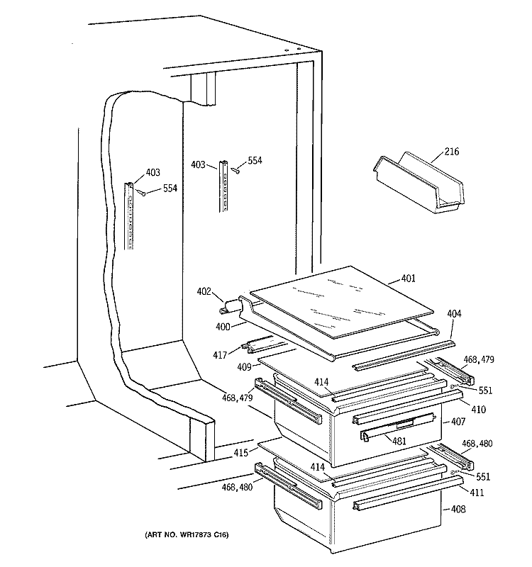 FRESH FOOD SHELVES Diagram and Parts List for TFX25JRBBWW  General Electric Refrigerator