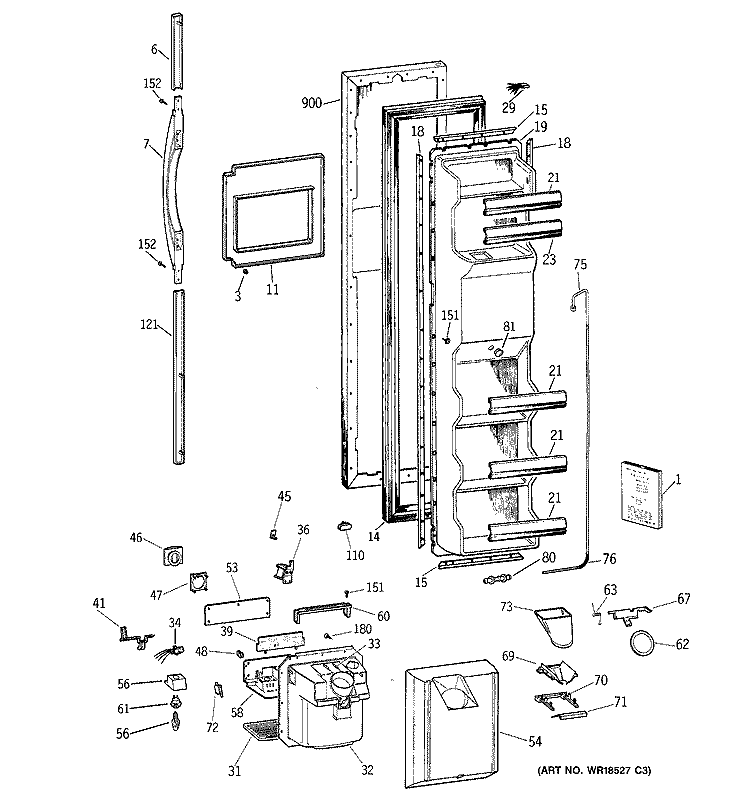 FREEZER DOOR Diagram and Parts List for TFX25QRBBWW  General Electric Refrigerator
