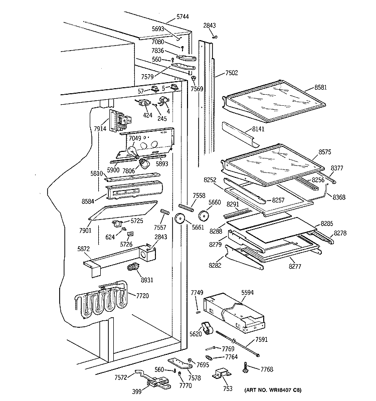 FRESH FOOD SECTION Diagram and Parts List for ZISS48DAASS  General Electric Refrigerator
