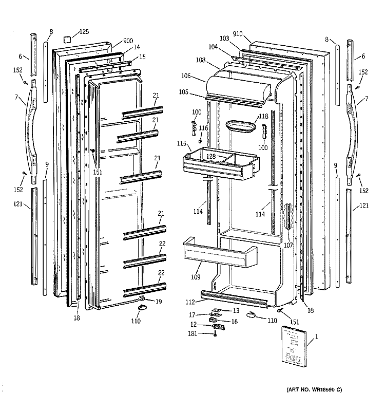 DOORS Diagram and Parts List for TFG25PABBWW  General Electric Refrigerator