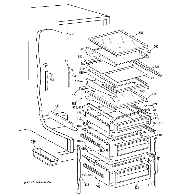 FRESH FOOD SHELVES Diagram and Parts List for TFG25PEBBWH  General Electric Refrigerator