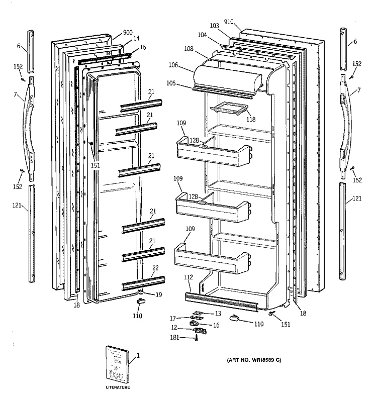 DOORS Diagram and Parts List for TFG20JABBWW  General Electric Refrigerator