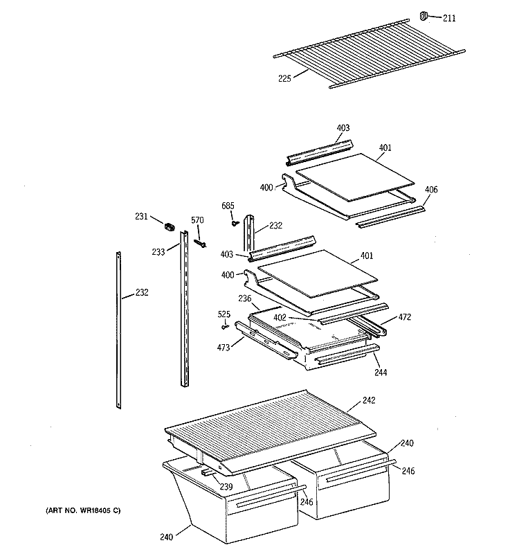 SHELF PARTS Diagram and Parts List for TBI18JIBPRWW  General Electric Refrigerator