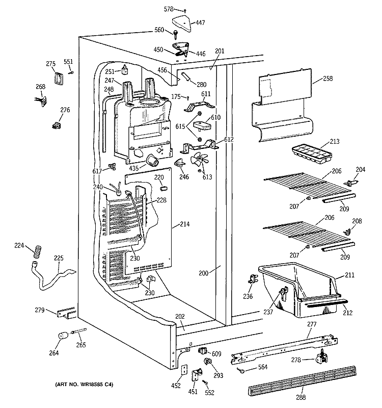 FREEZER SECTION Diagram and Parts List for MSX20BABBWH  General Electric Refrigerator