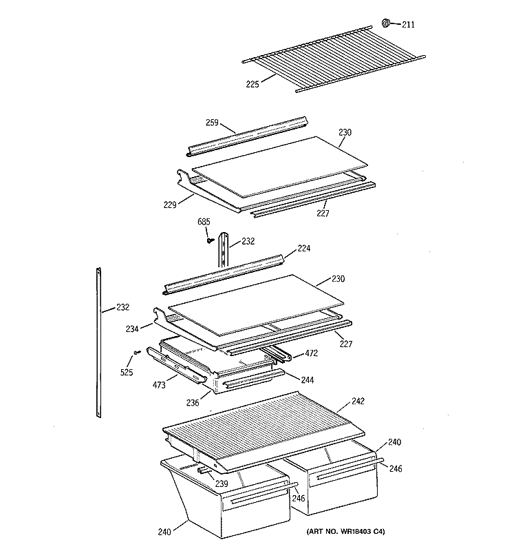 SHELF PARTS Diagram and Parts List for MTI18GIBPRWW  General Electric Refrigerator