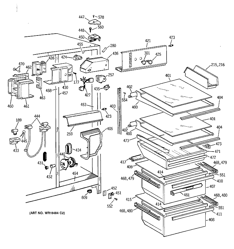 FRESH FOOD SECTION Diagram and Parts List for TFJ22JABBAA  General Electric Refrigerator