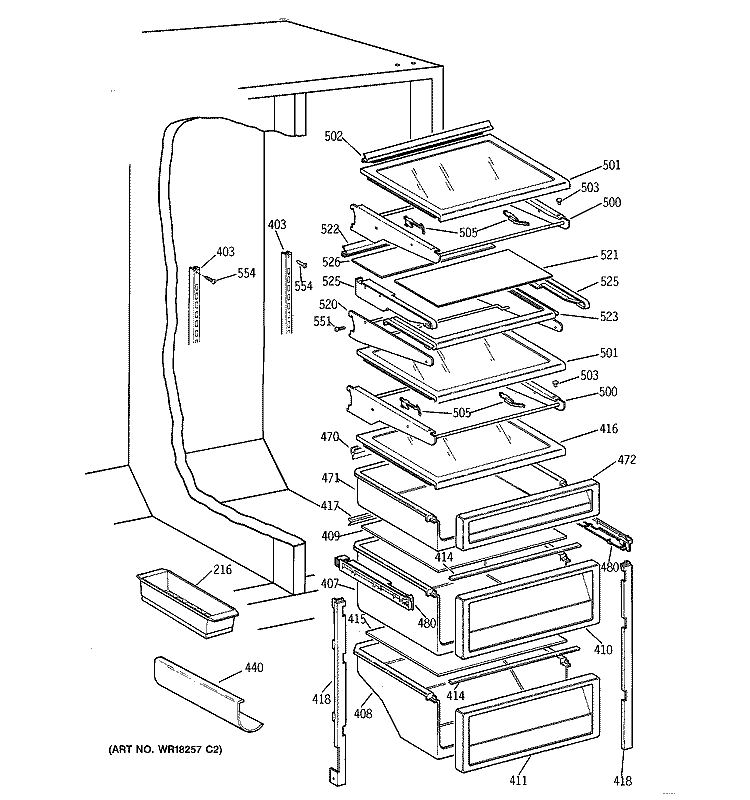 FRESH FOOD SHELVES Diagram and Parts List for TPX21BRBBWW  General Electric Refrigerator