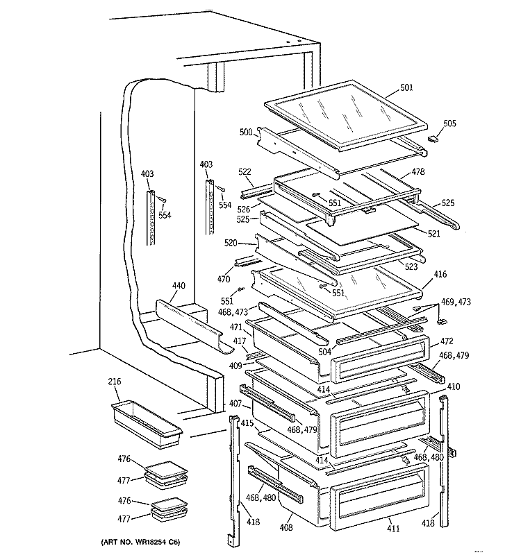 FRESH FOOD SHELVES Diagram and Parts List for TFG28PFBBBB  General Electric Refrigerator
