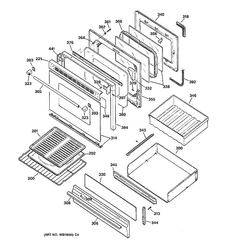 DOOR & DRAWER PARTS Diagram and Parts List for JGBP90MEA1BC  General Electric Range