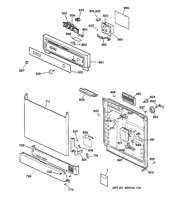 ESCUTCHEON & DOOR ASSEMBLY Diagram and Parts List for GSD3130C02WW  General Electric Dishwasher