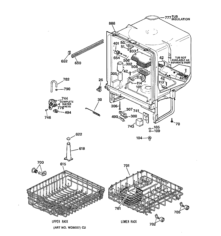 BODY PARTS Diagram and Parts List for GSD3130C02WW  General Electric Dishwasher