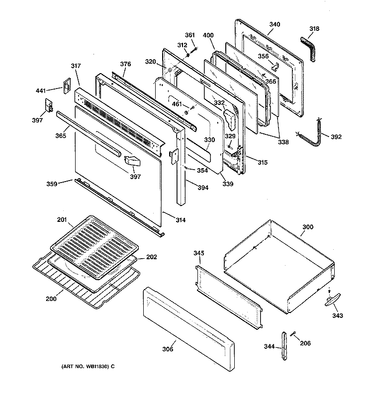 DOOR & DRAWER PARTS Diagram and Parts List for JGBP35WEA2WW  General Electric Range