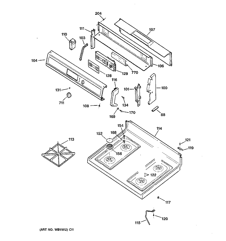 CONTROL PANEL & COOKTOP Diagram and Parts List for JGBP28BEA2WH  General Electric Range