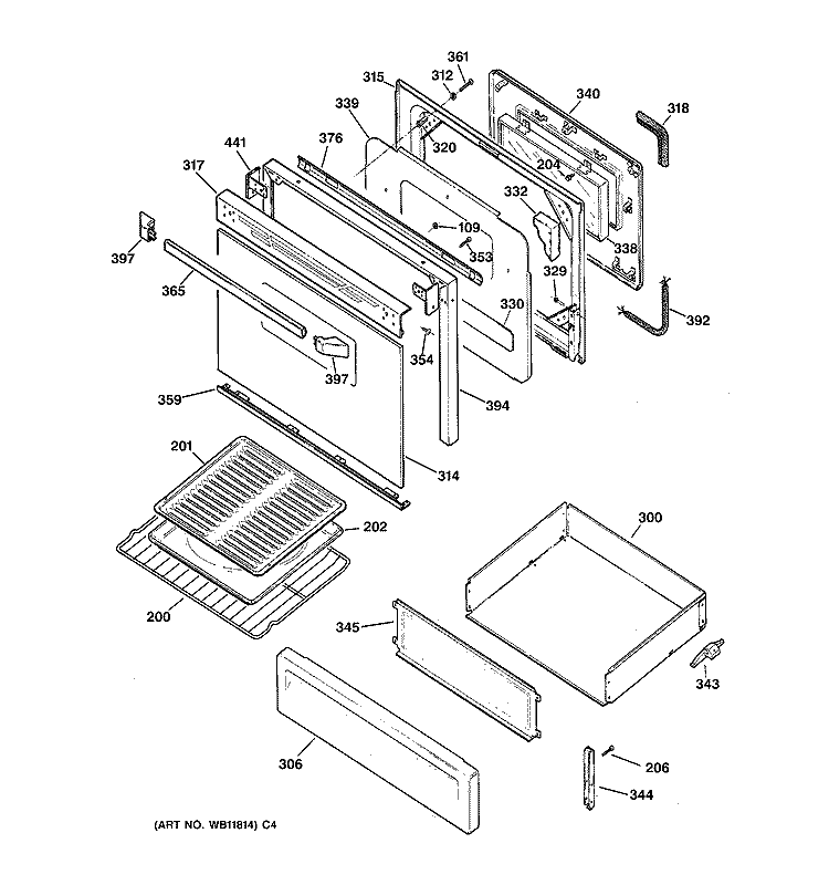 DOOR & DRAWER PARTS Diagram and Parts List for JGBP28BEA2WH  General Electric Range