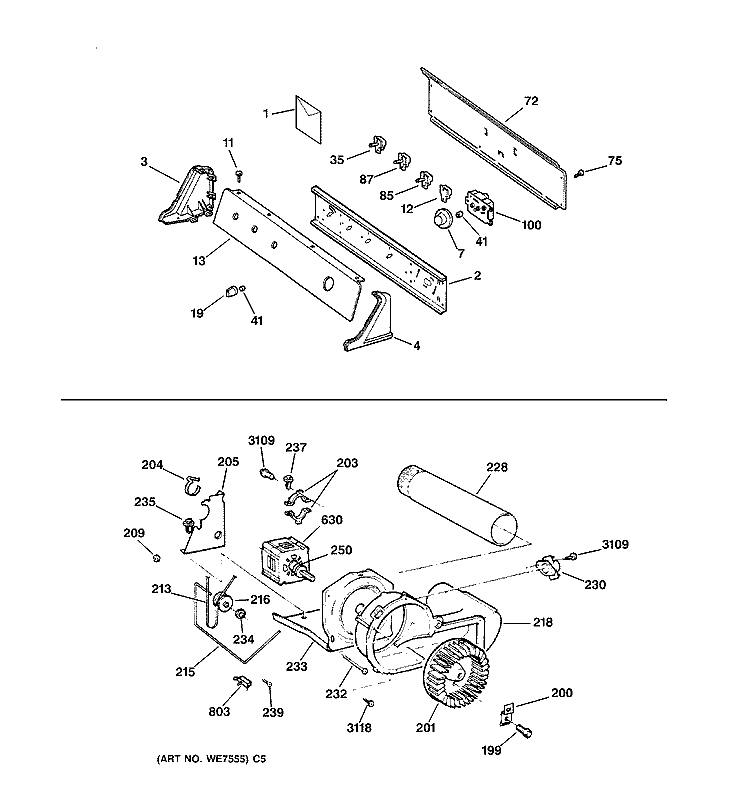 BACKSPLASH, BLOWER & MOTOR Diagram and Parts List for DJXR473GV0AA  General Electric Dryer