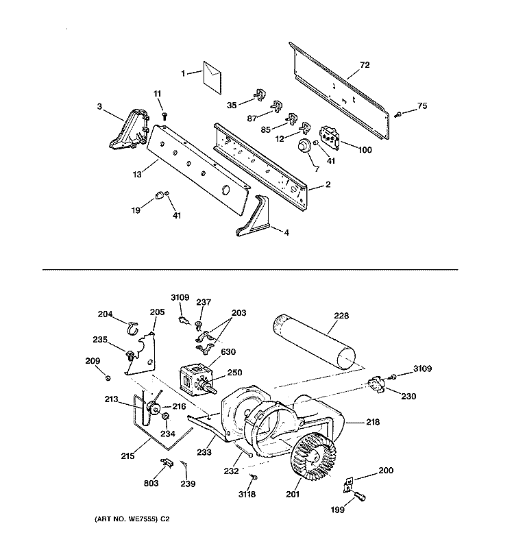 BACKSPLASH, BLOWER & MOTOR Diagram and Parts List for DCSR473GV0WW  General Electric Dryer