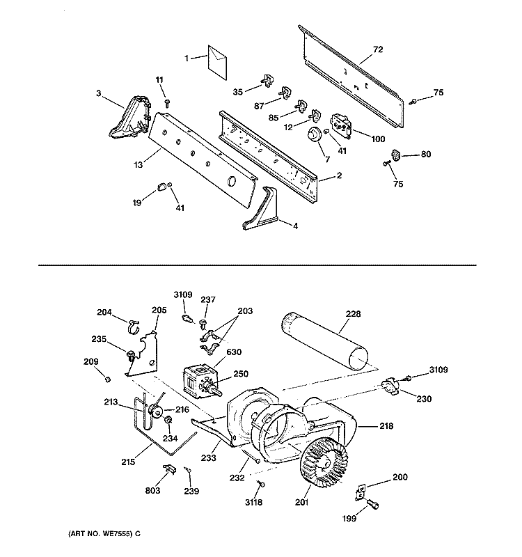 BACKSPLASH, BLOWER & MOTOR Diagram and Parts List for DCSR473EV0AA  General Electric Dryer
