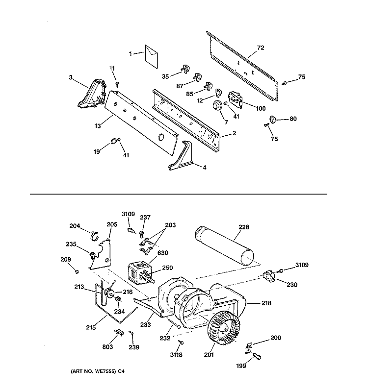 BACKSPLASH, BLOWER & MOTOR Diagram and Parts List for DJXR473EV0WW  General Electric Dryer