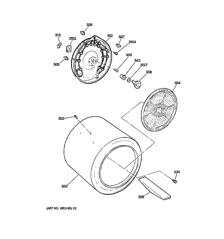 DRUM Diagram and Parts List for DJXR473EV0WW  General Electric Dryer