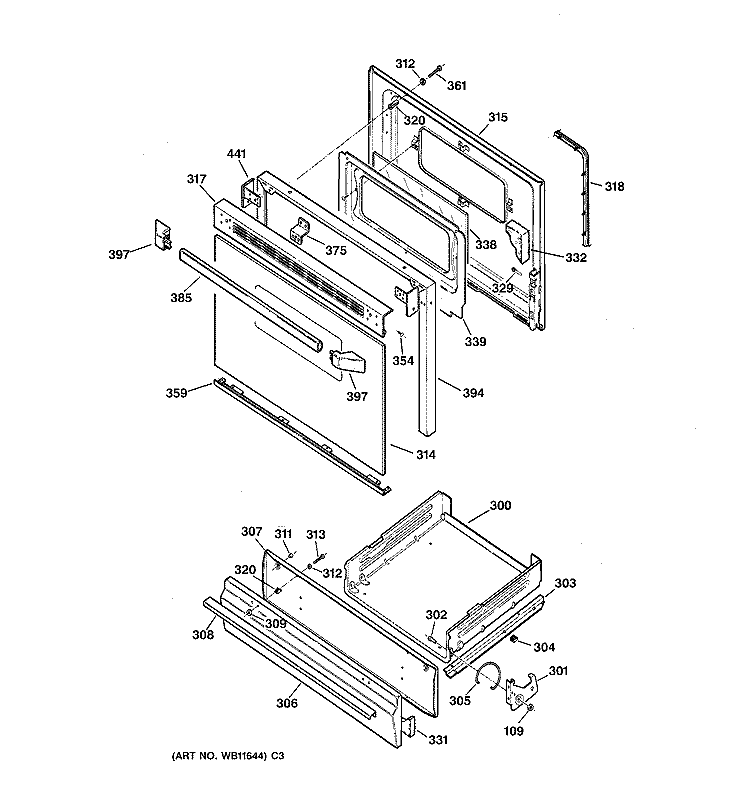 DOOR & DRAWER PARTS Diagram and Parts List for LGB156WEA2WW  General Electric Range