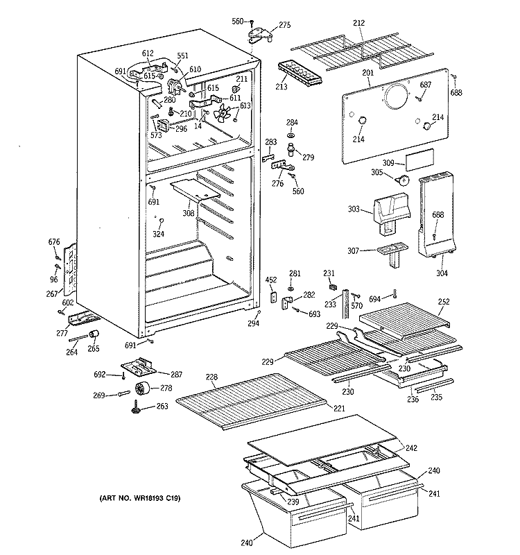 CABINET Diagram and Parts List for TBT18TABHRAA  General Electric Refrigerator