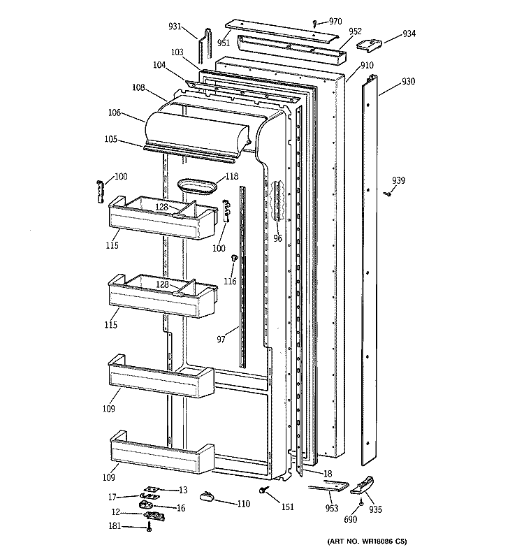 FRESH FOOD DOOR Diagram and Parts List for TPG21BRBBWW  General Electric Refrigerator