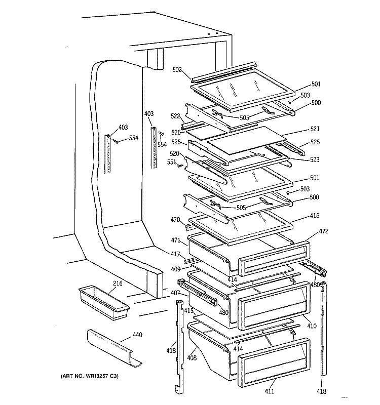 FRESH FOOD SHELVES Diagram and Parts List for TPG21BRBBWW  General Electric Refrigerator