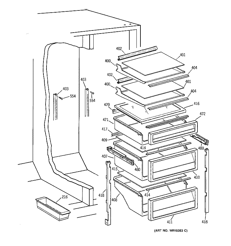 FRESH FOOD SHELVES Diagram and Parts List for TPG21JRBBBB  General Electric Refrigerator