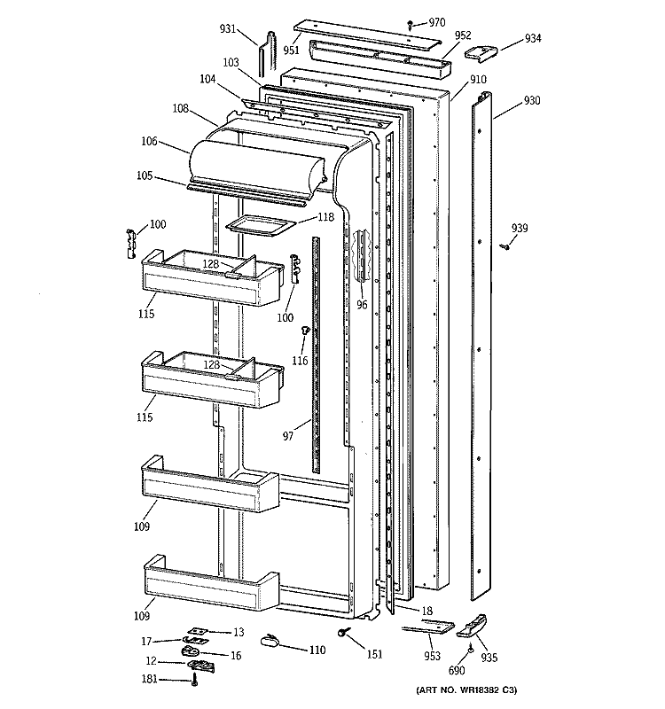 FRESH FOOD DOOR Diagram and Parts List for TPG21KRBBWH  General Electric Refrigerator