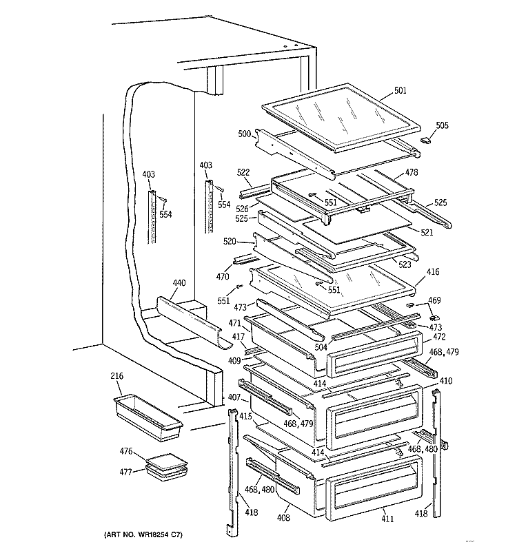 FRESH FOOD SHELVES Diagram and Parts List for TPG24BFBBBB  General Electric Refrigerator