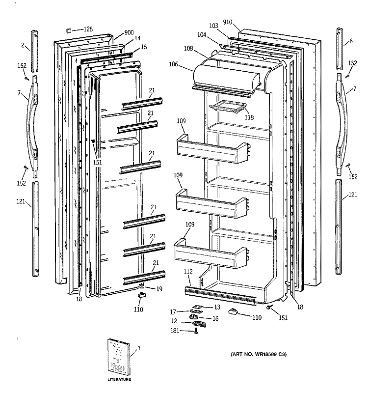 DOORS Diagram and Parts List for TFT20SABBWW  General Electric Refrigerator