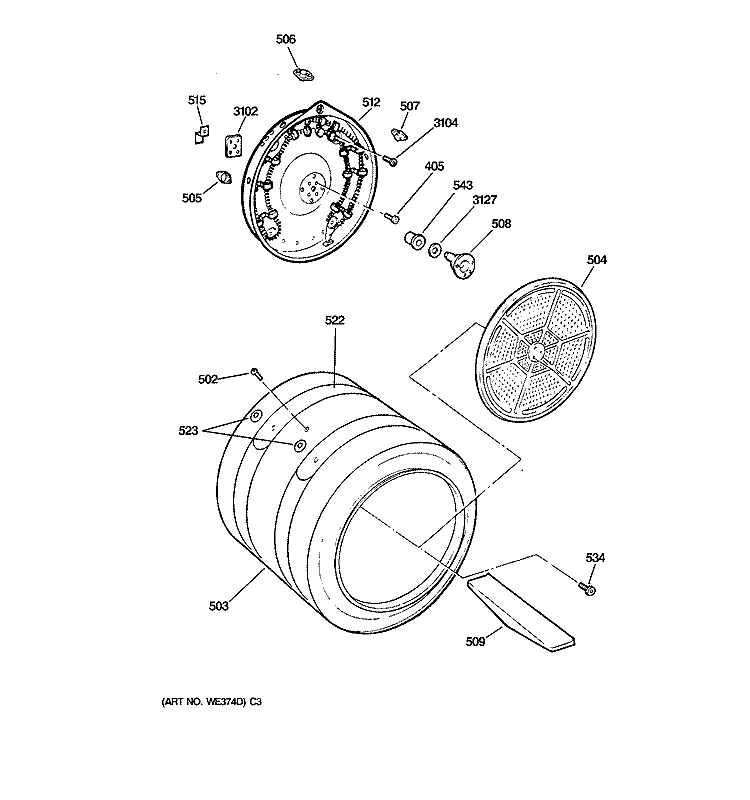 DRUM Diagram and Parts List for DPSF505EW1AA  General Electric Dryer