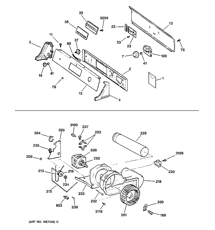 BACKSPLASH, BLOWER & MOTOR Diagram and Parts List for DPSF505GW1WW  General Electric Dryer