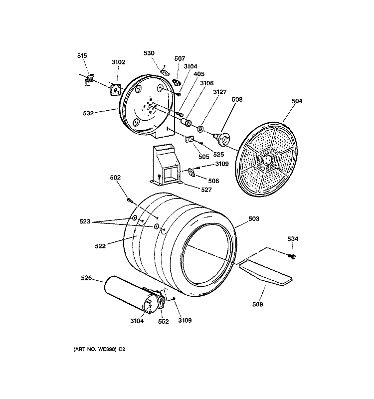 DRUM Diagram and Parts List for DPSF505GW1WW  General Electric Dryer
