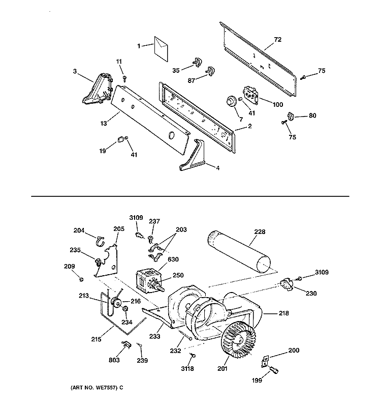 BACKSPLASH, BLOWER & DRIVE ASSEMBLY Diagram and Parts List for DHSR333EV0WB  General Electric Dryer