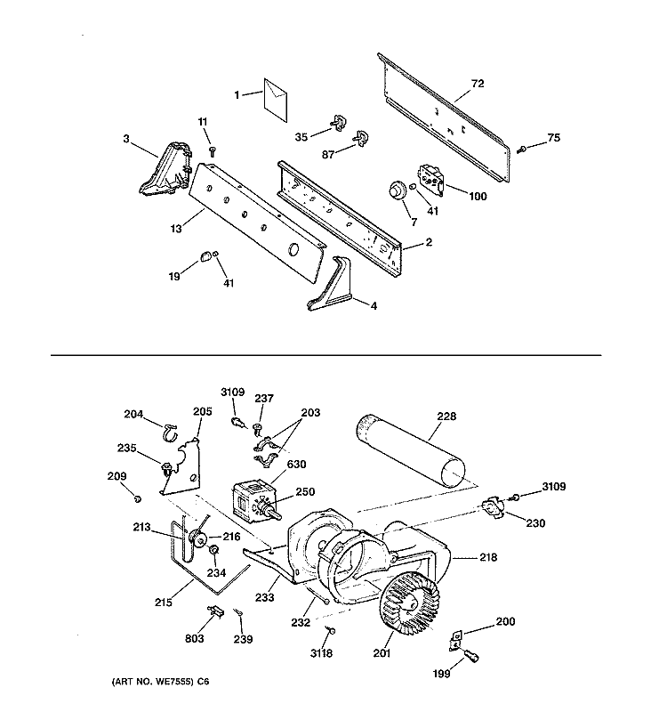 BACKSPLASH, BLOWER & MOTOR Diagram and Parts List for DHSR333GV0WB  General Electric Dryer