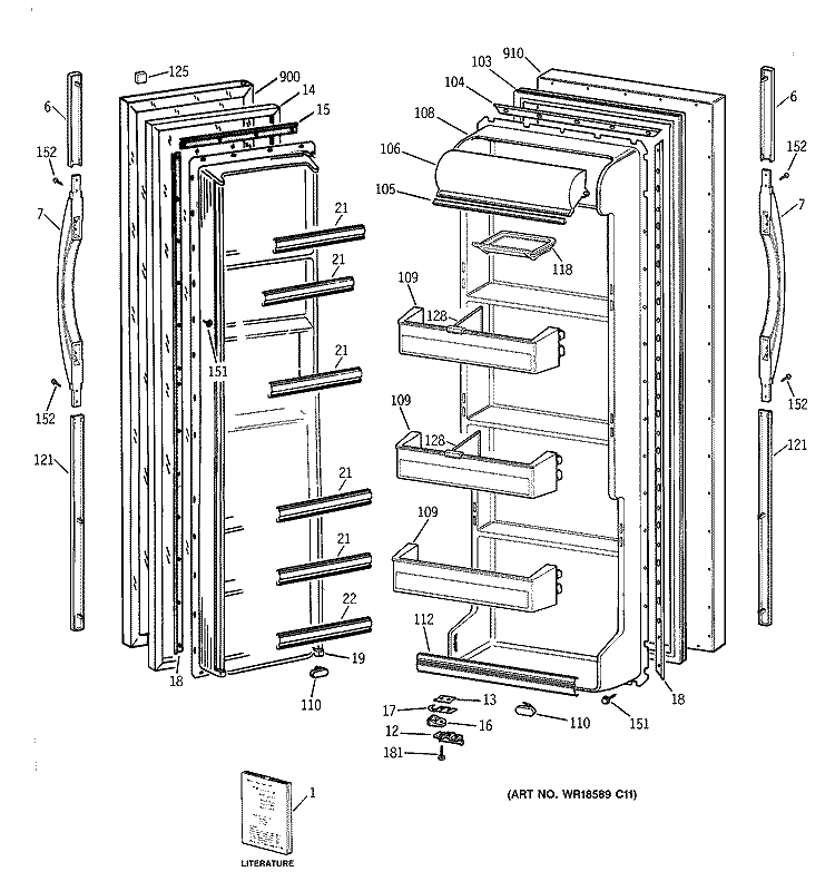 DOORS Diagram and Parts List for TFZ20JABBWW  General Electric Refrigerator