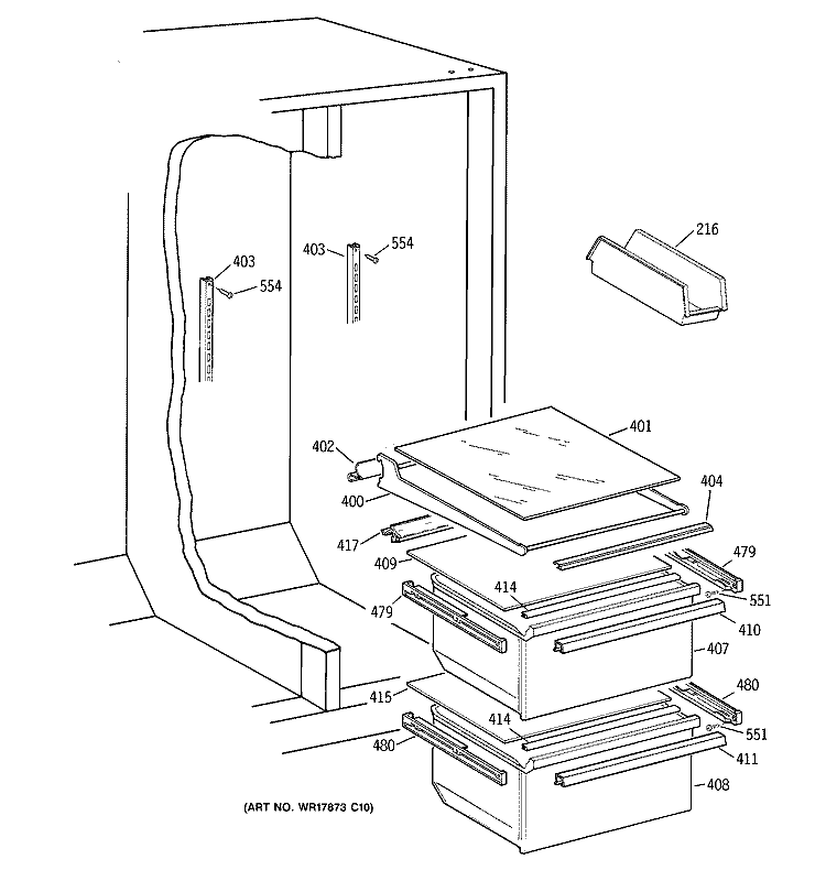 FRESH FOOD SECTION Diagram and Parts List for TFT20JRBBWW  General Electric Refrigerator