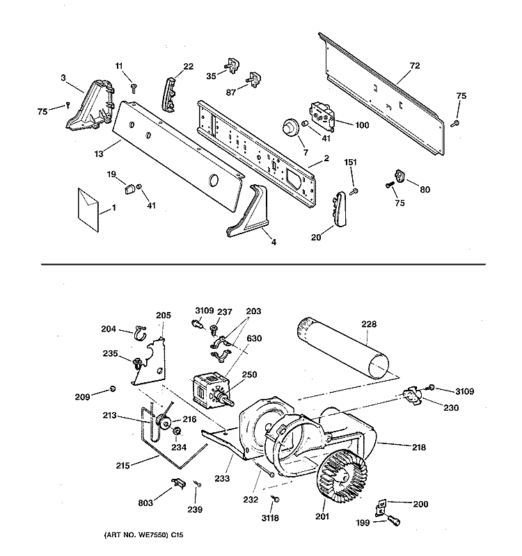 BACKSPLASH, BLOWER & DRIVE ASSEMBLY Diagram and Parts List for NBXR453EV0AA  Hotpoint Dryer