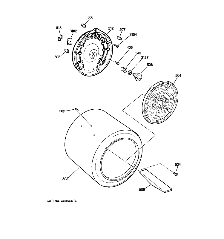 DRUM Diagram and Parts List for NWXR473EV0AA  Hotpoint Dryer