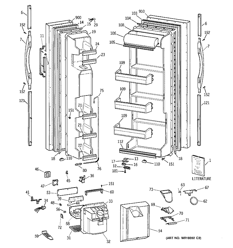 DOORS Diagram and Parts List for MSG20GWBBWW  General Electric Refrigerator