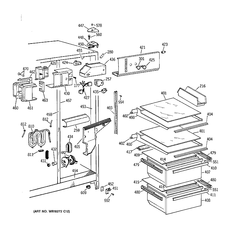 FRESH FOOD SECTION Diagram and Parts List for MSG20GWBBWW  General Electric Refrigerator
