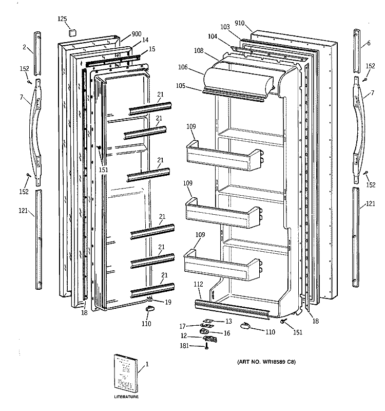 DOORS Diagram and Parts List for MST20GABBWW  General Electric Refrigerator