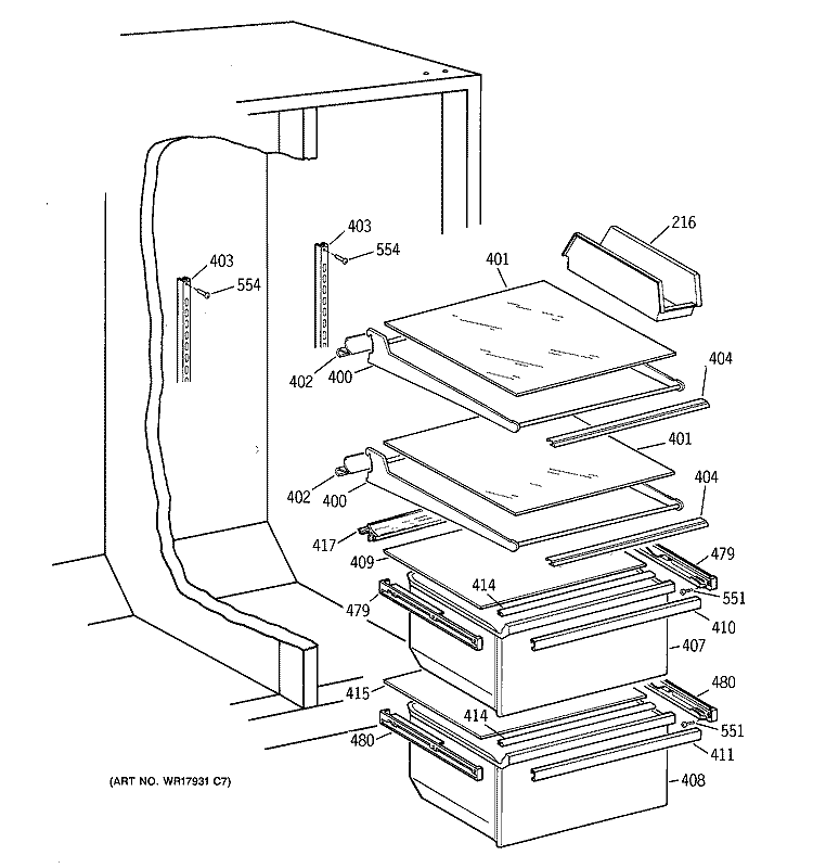 FRESH FOOD SECTION Diagram and Parts List for MST20GABBWW  General Electric Refrigerator