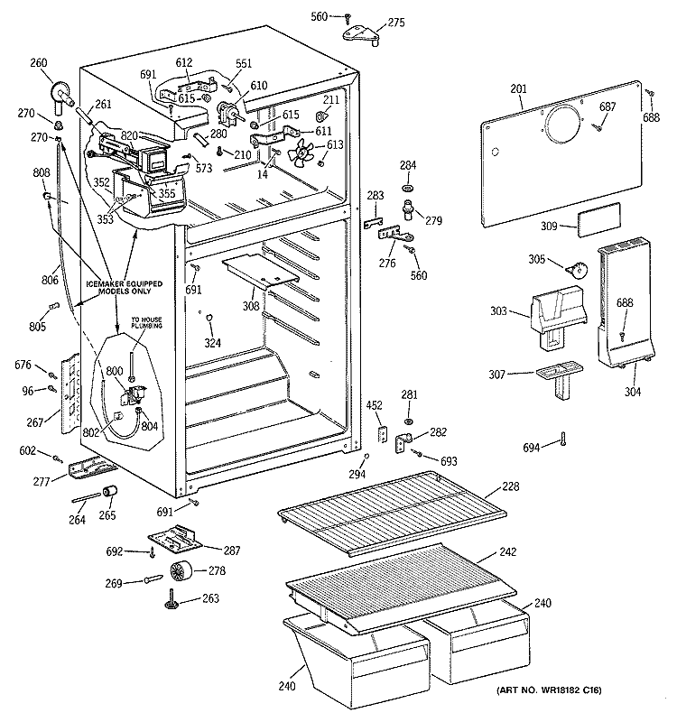 CABINET Diagram and Parts List for TBX16SIBHRAA  General Electric Refrigerator