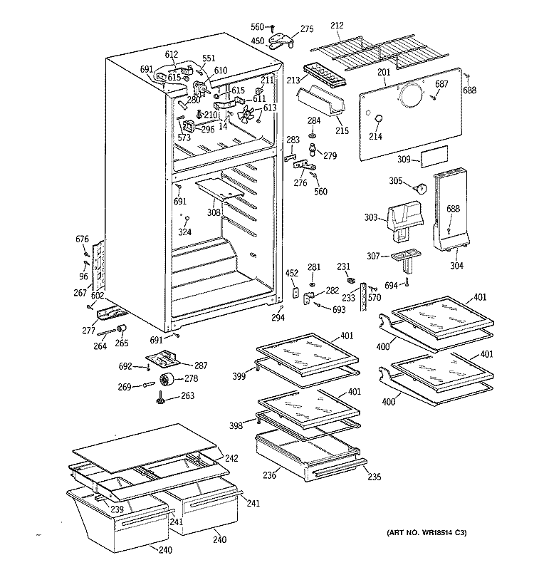 CABINET Diagram and Parts List for TBX16JABHRWW  General Electric Refrigerator