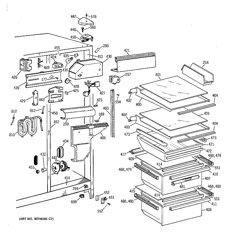 FRESH FOOD SECTION Diagram and Parts List for TFT22JWBBAA  General Electric Refrigerator